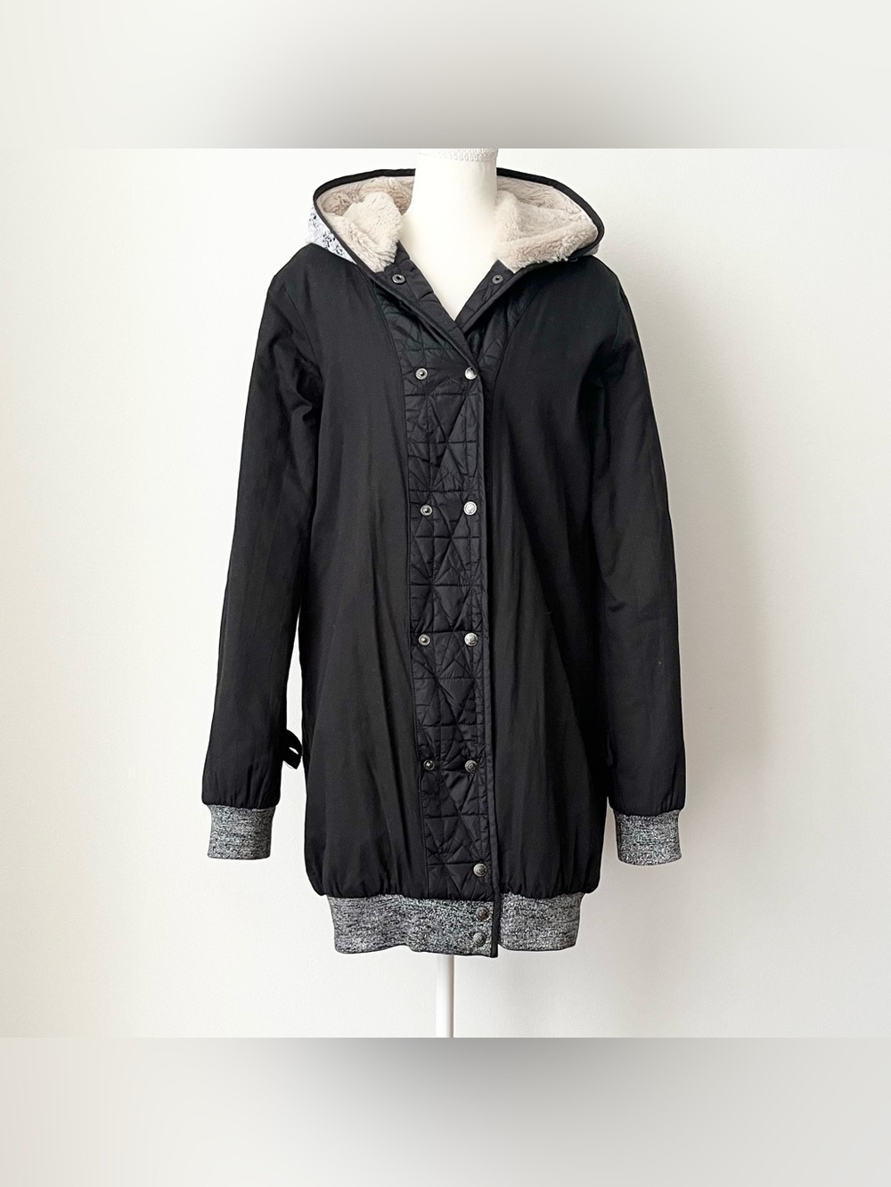 Maison Scotch Women's Parka Jacket Coat Black Size L (4) Faux Fur Hooded Cozy